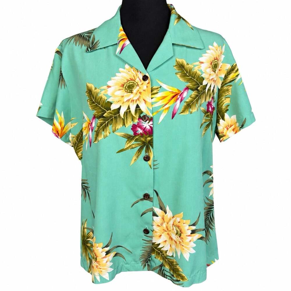 Vintage Two Palms Tropical Floral Made In Hawaii Rayon Women Medium Short Sleeve